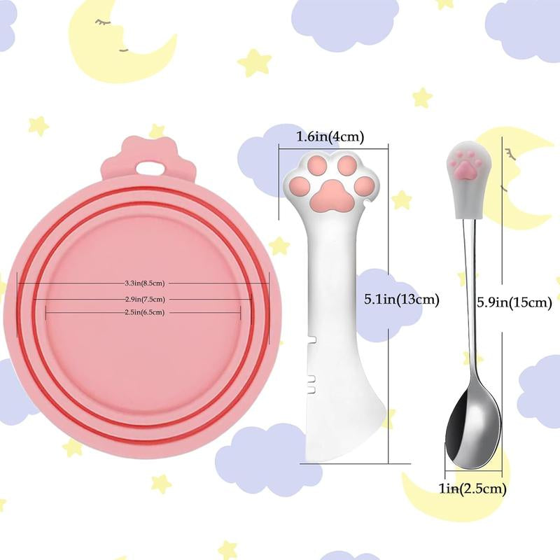 Cat Food Can Spoons & Can Lids| 4 Pcs| Multi-Function Can Opener| Silicone Pet Food Can Covers| Stainless Steel Wet Food Spoon for Cats and Dogs(Pink)
