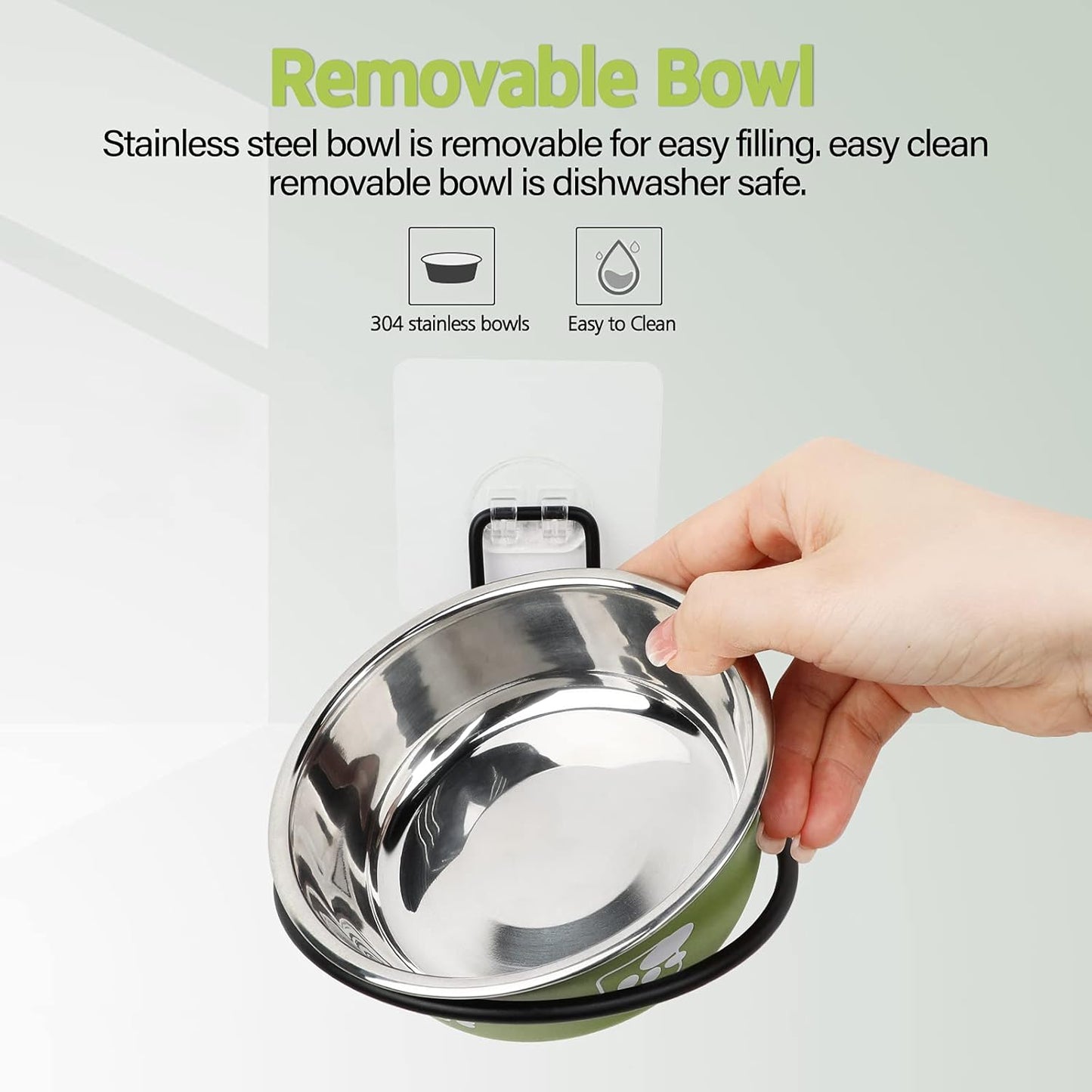 Elevated Pet Bowls, Wall Mounted Cat Food Dish, Raised Cat Food and Water Bowls, Stainless Steel Elevated Pet Bowls with Stand, Nonslip No Spill Pet Feeding Bowls (2 Packs) (Green)