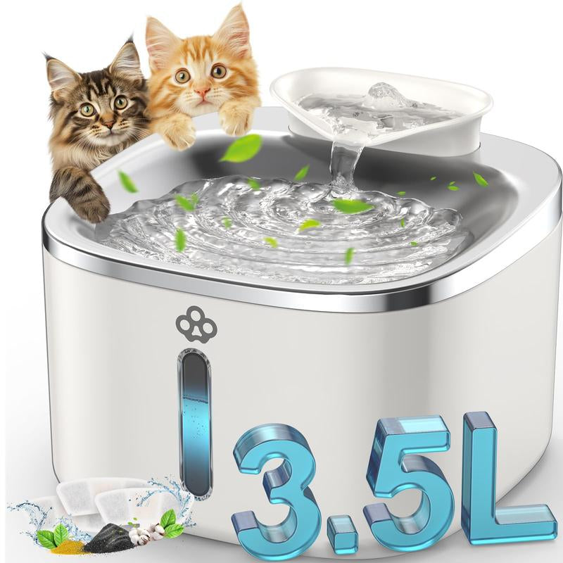 Stainless Steel Cat Water Fountain 3.5L/118Fl Oz Automatic Pet Drinking Fountains for Cats Indoor Quiet Running Waterer Fountains(Pw03 +3 Sets Filters)