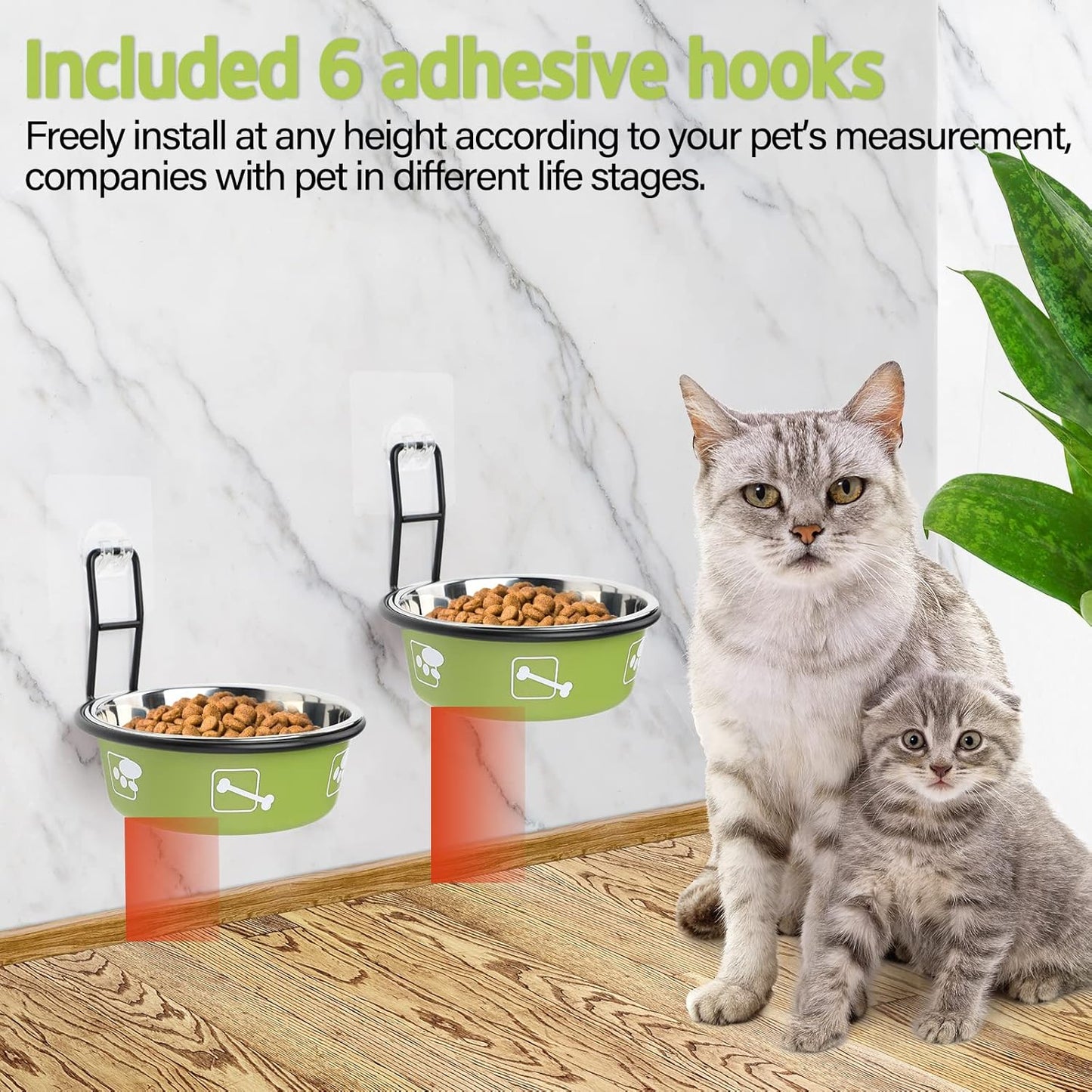 Elevated Pet Bowls, Wall Mounted Cat Food Dish, Raised Cat Food and Water Bowls, Stainless Steel Elevated Pet Bowls with Stand, Nonslip No Spill Pet Feeding Bowls (2 Packs) (Green)