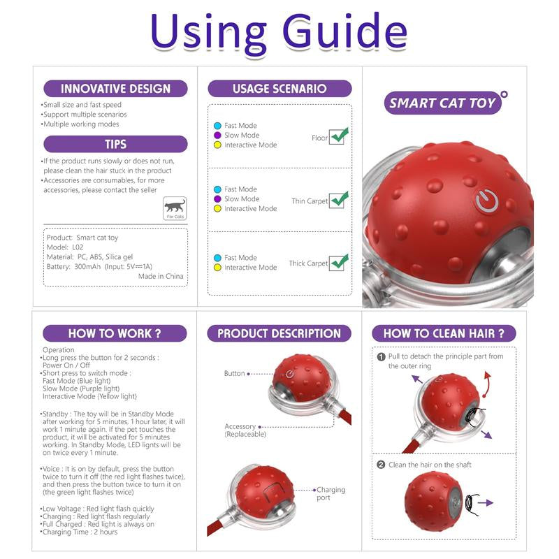 Depets Interactive Cat Toys Ball for Indoor Cats Fast Rolling on Carpet, Chirping & Motion Activate Cat Toys (Red) Toy Pet Interactive Toys