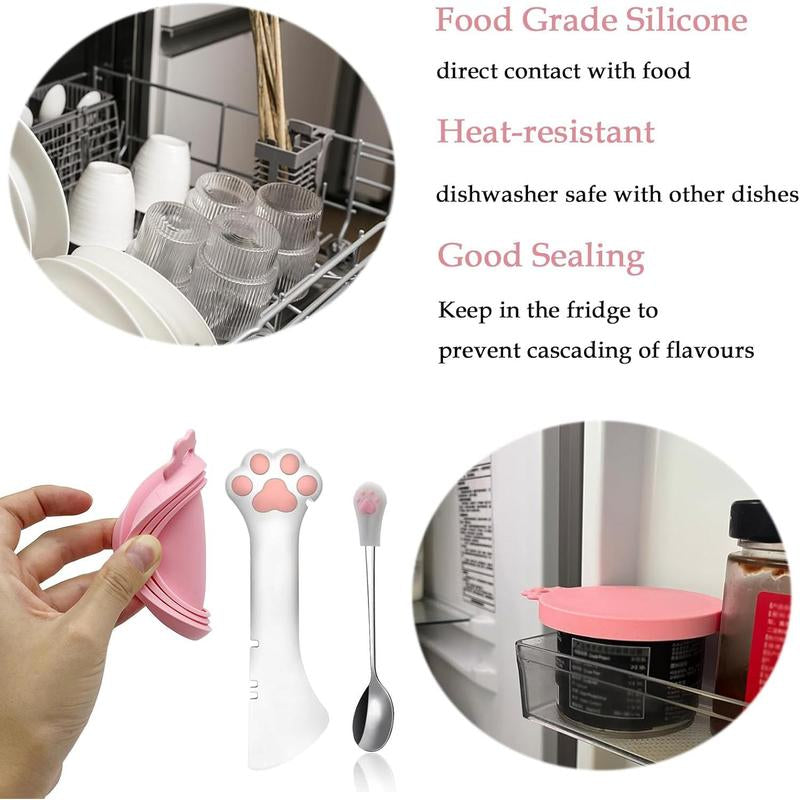 Cat Food Can Spoons & Can Lids| 4 Pcs| Multi-Function Can Opener| Silicone Pet Food Can Covers| Stainless Steel Wet Food Spoon for Cats and Dogs(Pink)