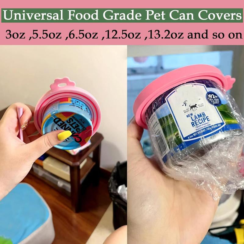 Cat Food Can Spoons & Can Lids| 4 Pcs| Multi-Function Can Opener| Silicone Pet Food Can Covers| Stainless Steel Wet Food Spoon for Cats and Dogs(Pink)