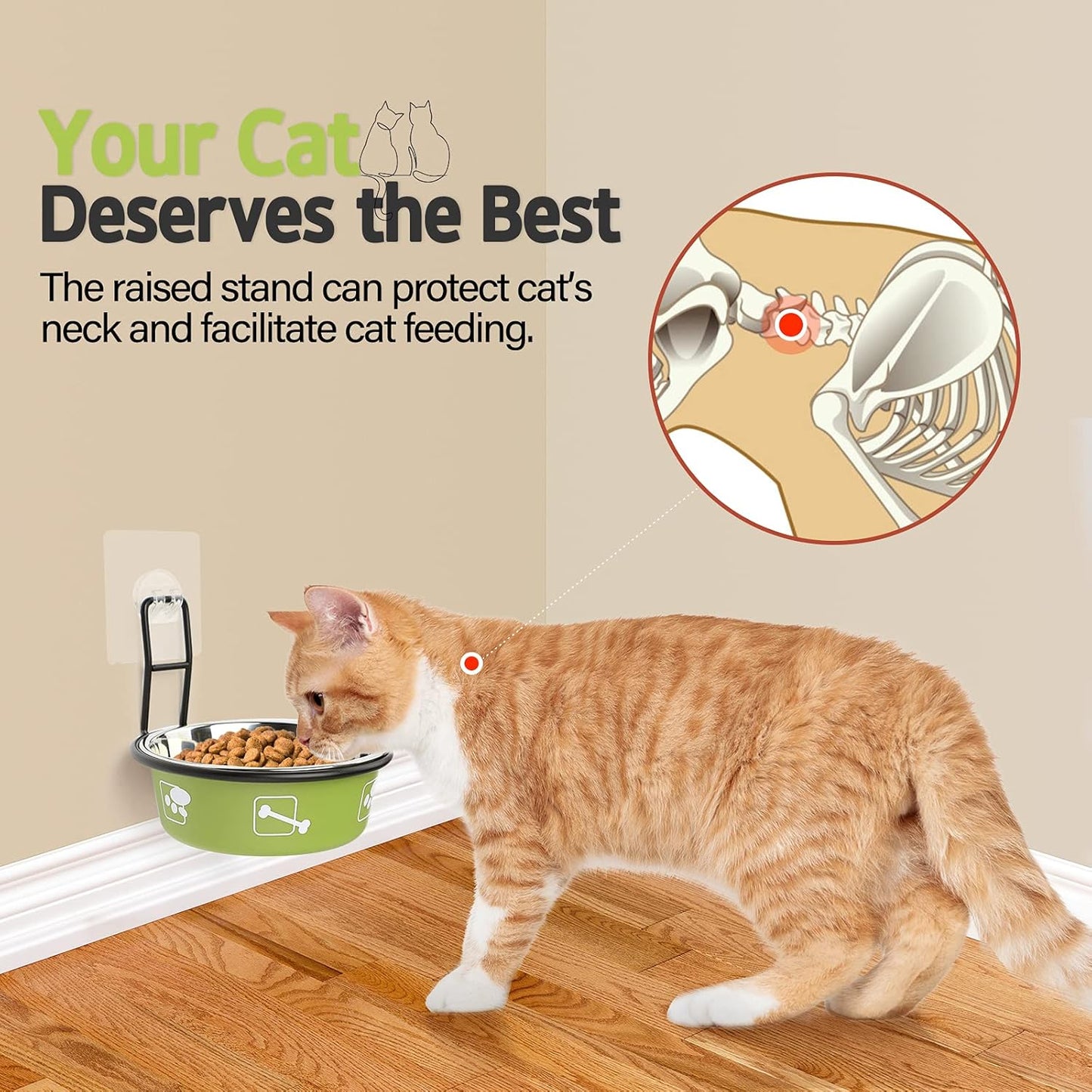 Elevated Pet Bowls, Wall Mounted Cat Food Dish, Raised Cat Food and Water Bowls, Stainless Steel Elevated Pet Bowls with Stand, Nonslip No Spill Pet Feeding Bowls (2 Packs) (Green)