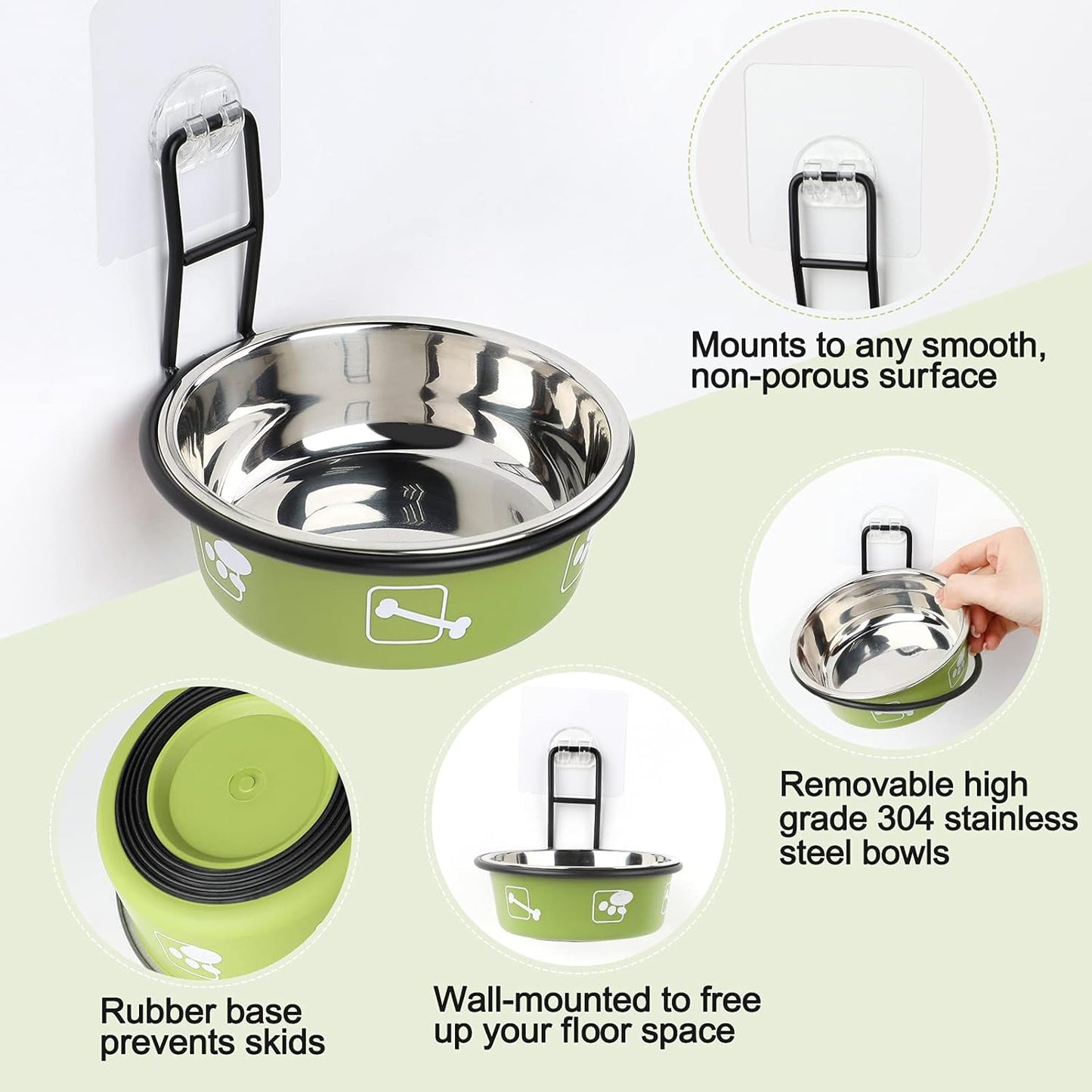 Elevated Pet Bowls, Wall Mounted Cat Food Dish, Raised Cat Food and Water Bowls, Stainless Steel Elevated Pet Bowls with Stand, Nonslip No Spill Pet Feeding Bowls (2 Packs) (Green)