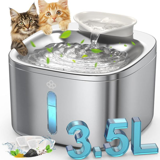 Stainless Steel Cat Water Fountain 3.5L/118Fl Oz Automatic Pet Drinking Fountains for Cats Indoor Quiet Running Waterer Fountains(Pw03 +3 Sets Filters)