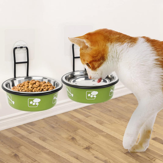 Elevated Pet Bowls, Wall Mounted Cat Food Dish, Raised Cat Food and Water Bowls, Stainless Steel Elevated Pet Bowls with Stand, Nonslip No Spill Pet Feeding Bowls (2 Packs) (Green)
