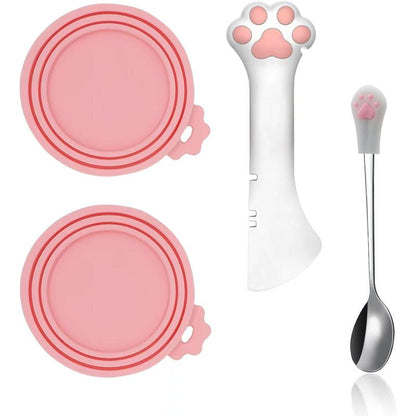 Cat Food Can Spoons & Can Lids| 4 Pcs| Multi-Function Can Opener| Silicone Pet Food Can Covers| Stainless Steel Wet Food Spoon for Cats and Dogs(Pink)