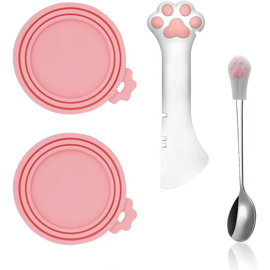Cat Food Can Spoons & Can Lids| 4 Pcs| Multi-Function Can Opener| Silicone Pet Food Can Covers| Stainless Steel Wet Food Spoon for Cats and Dogs(Pink)