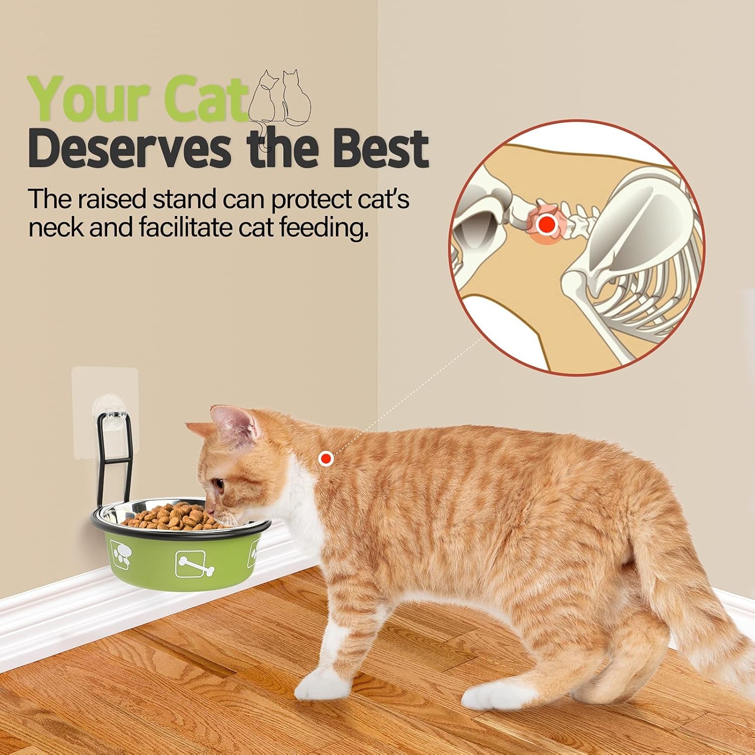 Elevated Pet Bowls, Wall Mounted Cat Food Dish, Raised Cat Food and Water Bowls, Stainless Steel Elevated Pet Bowls with Stand, Nonslip No Spill Pet Feeding Bowls (2 Packs) (Green)